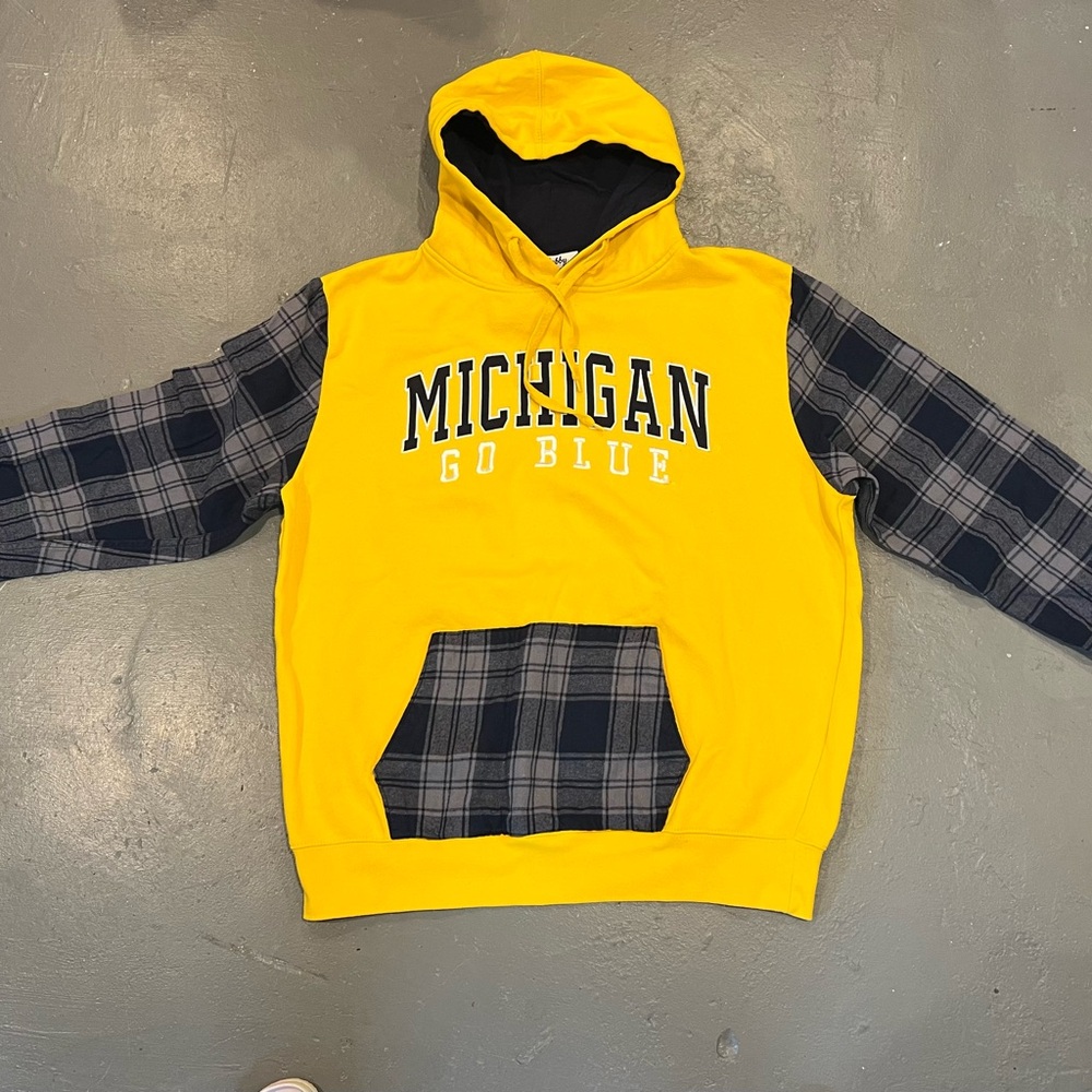 Maize and Blue Michigan Hoodie with flannel sleeves and pocket